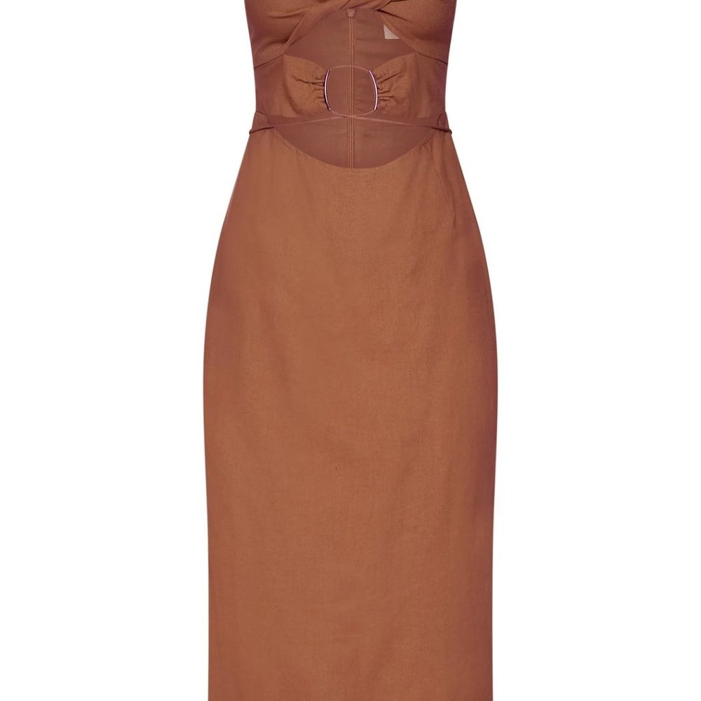 MESHKI Cut Out O Ring Linen Midi Dress - Brown - Picture 5 of 5